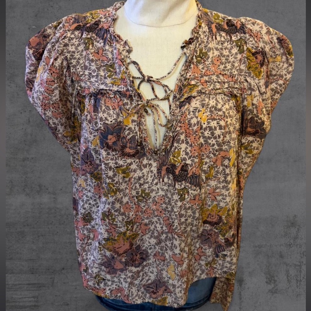 Ulla Johnson Remy Floral Puff Sleeve Open V Neck Tie Front Blouse Size 10 - Picture 2 of 8
